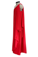 Dreamy 1978 Halston IV Red East-to-Wear Jersey One Shoulder Draped Dress w Side Slit