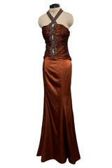 Chic 2000s Gianni Versace Bronze Gathered Silk Bodice Dress w an Elaborately Beaded Cut Out Front & Sweepimng Back