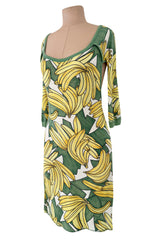 Iconic Spring 2004 Chloe by Phoebe Philo Runway Look 18 Banana Print Dress Side Cuts Outs
