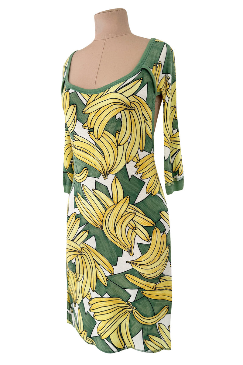 Iconic Spring 2004 Chloe by Phoebe Philo Runway Look 18 Banana Print Dress Side Cuts Outs