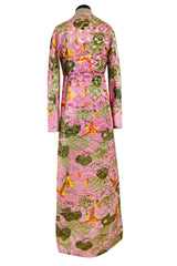 Stunning Fall 1970 Bill Blass Pink Quilted SIlk Floral Pattern Metallic Dress w Banded Waist