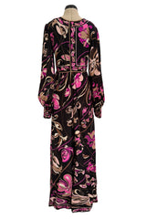 Dreamiest 1970s Emilio Pucci Black Silk Jersey Dress w V Front & Pink Flower Print