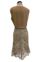 Prettiest 2000s Valentino Roma Metallic Gold Sequin & Bead Silk Chiffon on Netting Top and Skirt Set