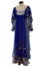 1960s Bloomingdales Label Royal Blue Silk Chiffon & Gold Thread Caftan