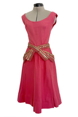 1950s Unlabeled Lanvin-Castillo Couture Elaborate Gold Beaded Pink Waffle Weave Top & Skirt