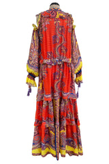 Recent Etro Gorgeous Printed Coral Ribbon Silk Chiffon Caftan Dress w Plunge Lace Up Neckline