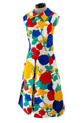 Happiest 1960s James Galanos Bright Floral Print Silk Dress w Pleated Skirt & Rounded Collar