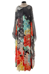 1970s Hanae Mori Silk Twill & Chiffon Caped Overlay Caftan Dress