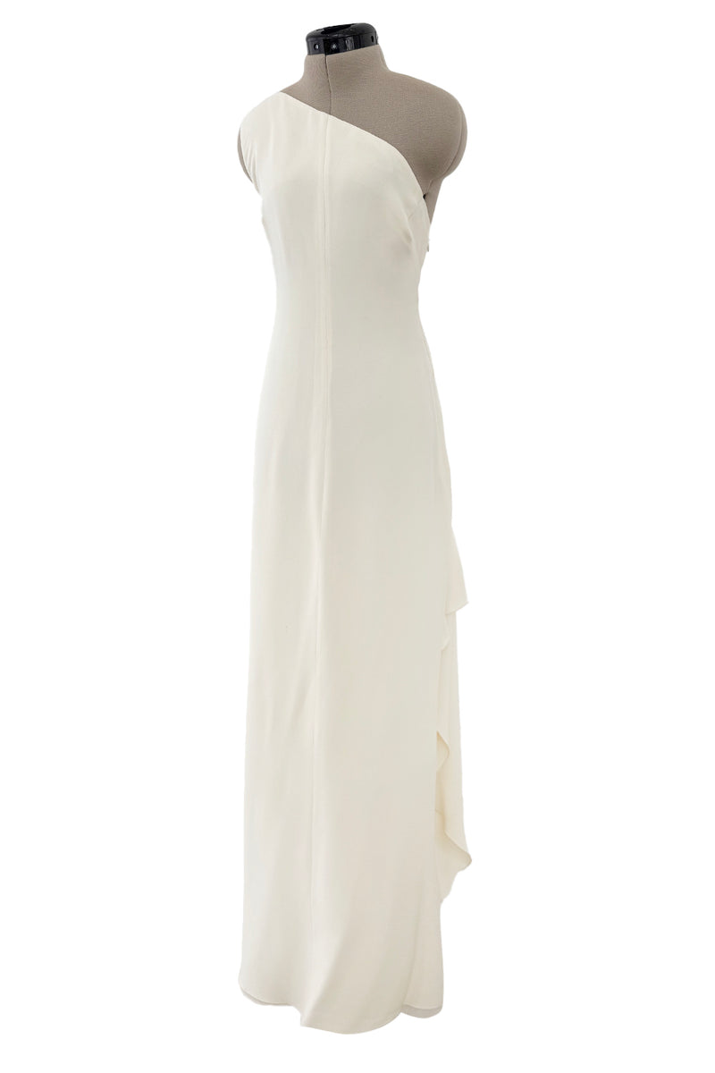 2010s Valentino Ivory Silk Crepe One Shoulder Dress w Draped Back & Rhinestone Buckle