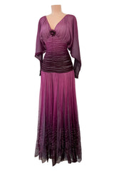 Rare 1970s Bill Gibb Deep Pink Ombre Hand Dyed Silk Chiffon Dress w Fused Glitter Detailing