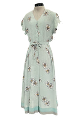 Prettiest 1930s Unlabeled Blue Handpainted Floral Dress Made of Unusual Woven Fabric