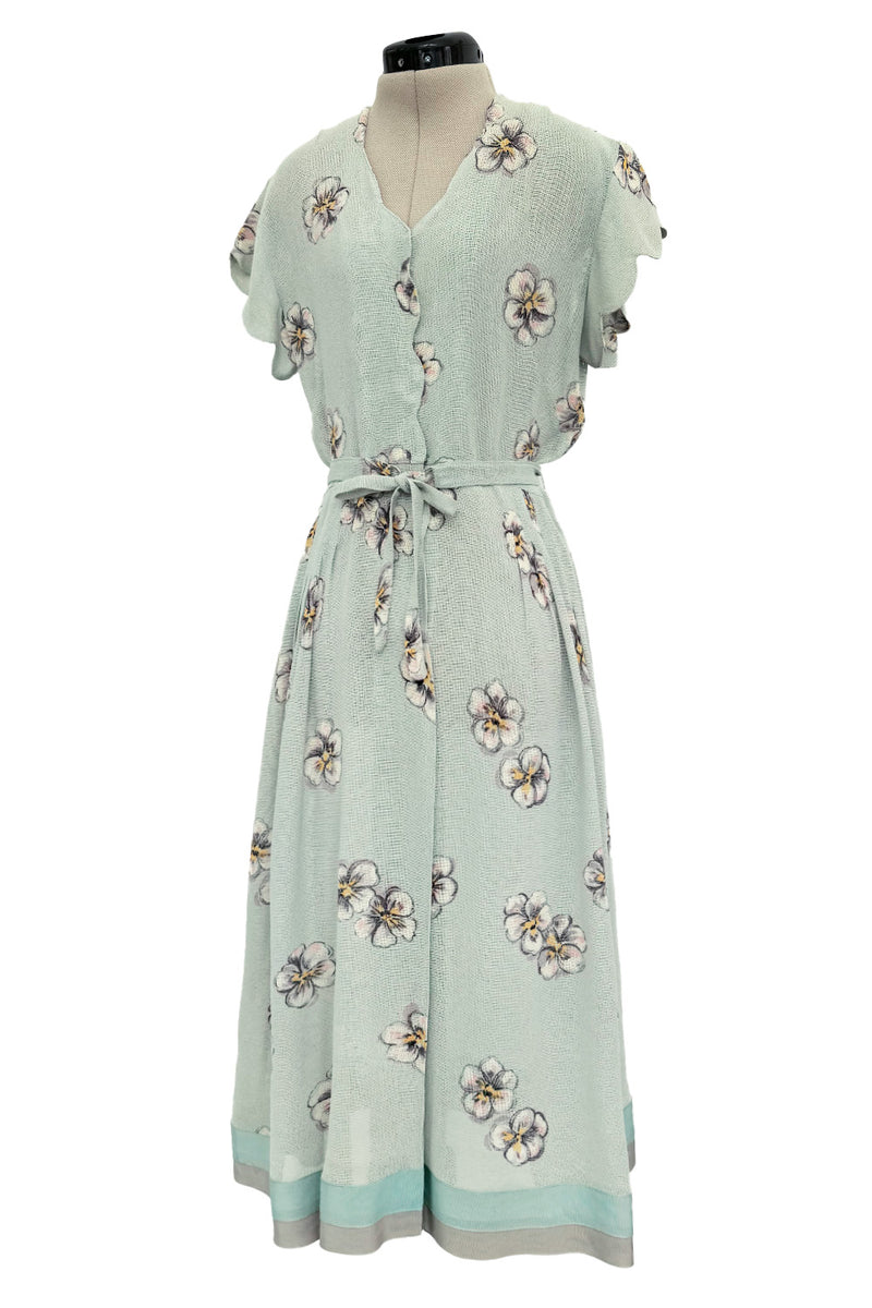 Prettiest 1930s Unlabeled Blue Handpainted Floral Dress Made of Unusual Woven Fabric