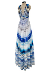 Resort 2010 Alexander McQueen Silk Chiffon Blue Print Dress w Plunging Front & Open Back