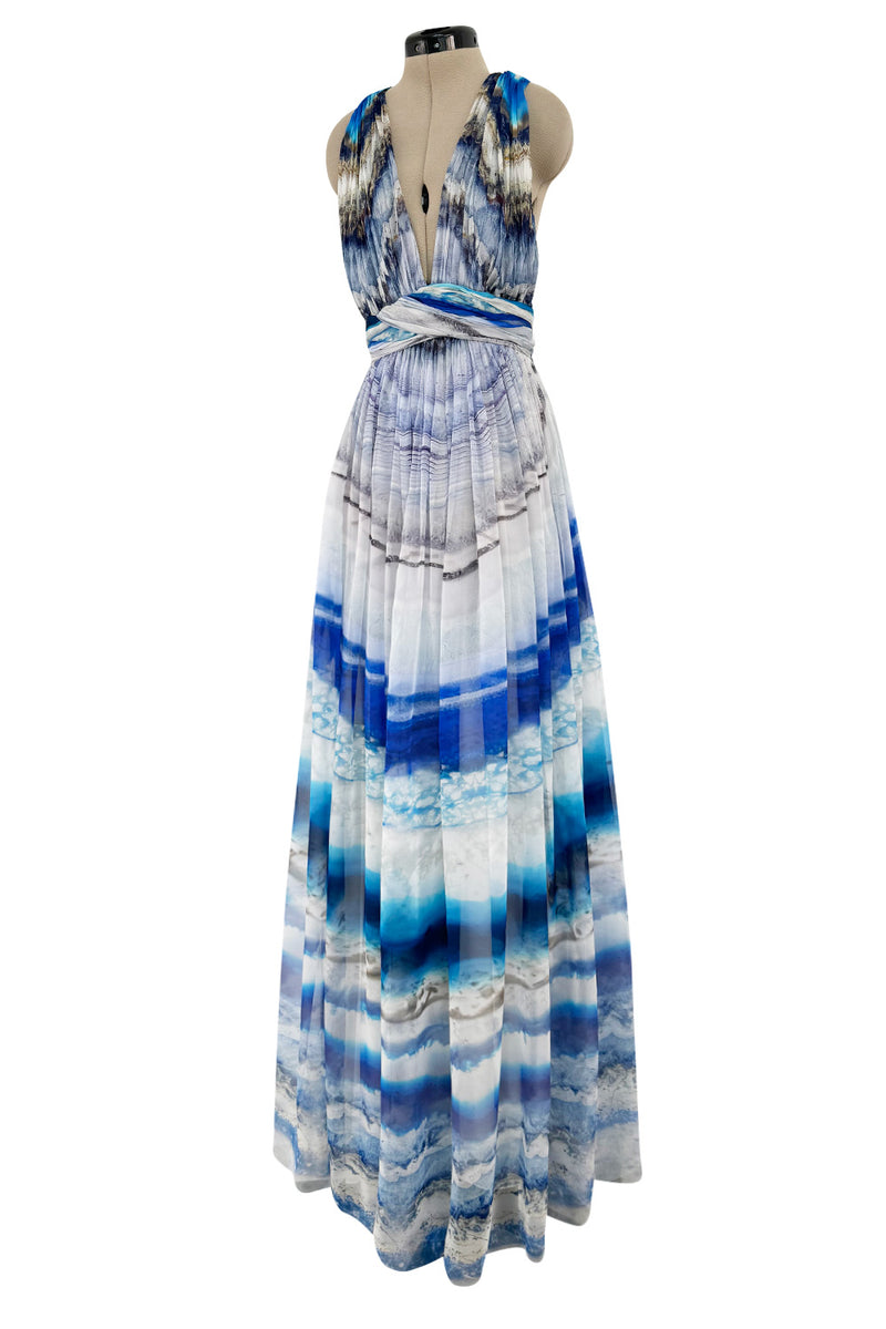 Resort 2010 Alexander McQueen Silk Chiffon Blue Print Dress w Plunging Front & Open Back