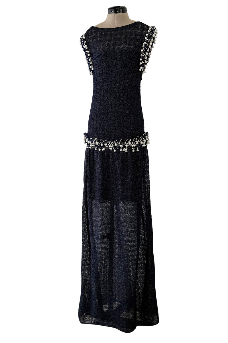 Phenomenal Fall 2010 Chanel by Karl Lagerfeld Deep Blue & Silver Metallic Knit Dress w Glass Pearl Detailing