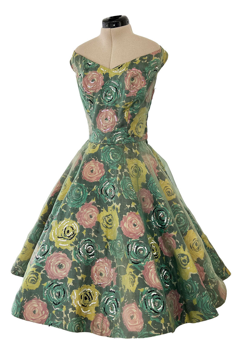 Gorgeous 1950s David Hart Organza Covered Cotton Floral Print Dress w Sequin Detailing