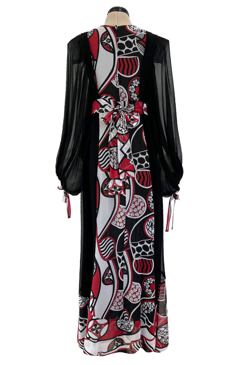 Extraordinary 1969 Thea Porter Black Silk Chiffon Dress w Red Print & Huge Balloon Sleeves