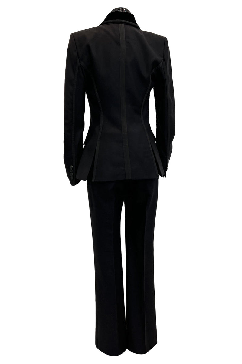 Chic Fall 2002 Yves Saint Laurent by Tom Ford Black Pant Suit w Velvet Trim & Curved Sleeves