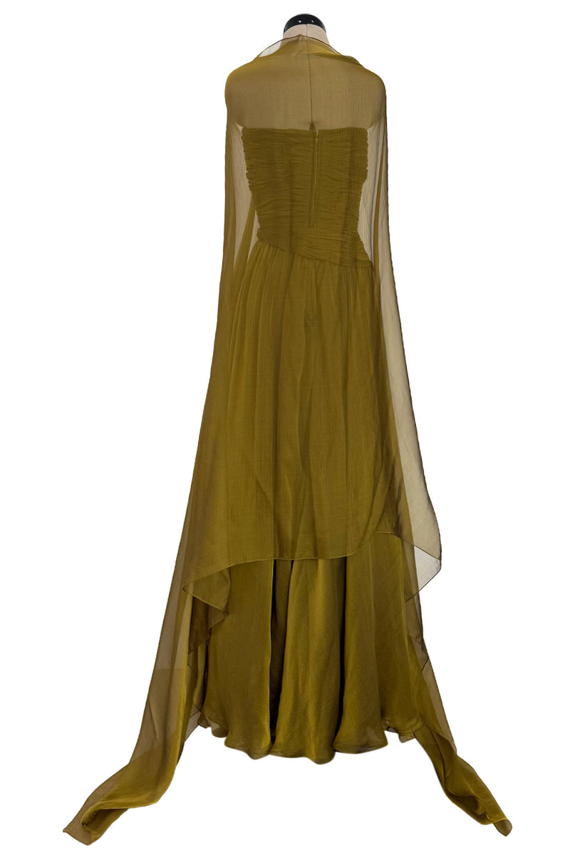 Fall 1989 Oscar de la Renta Iridescent Green Gold Silk Chiffon Strapless Dress w Matching Cape