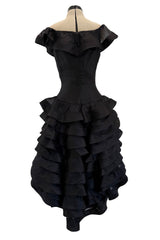 Gorgeous Spring 1992 Oscar de la Renta Runway Black Silk Organza Net Ruffled Off Shoulder Dress