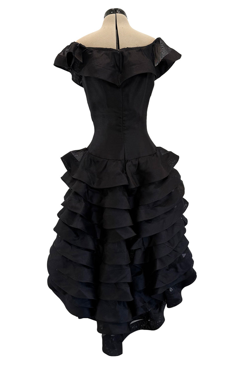 Gorgeous Spring 1992 Oscar de la Renta Runway Black Silk Organza Net Ruffled Off Shoulder Dress