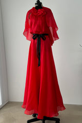1979 Givenchy Red Organza Caped Dress