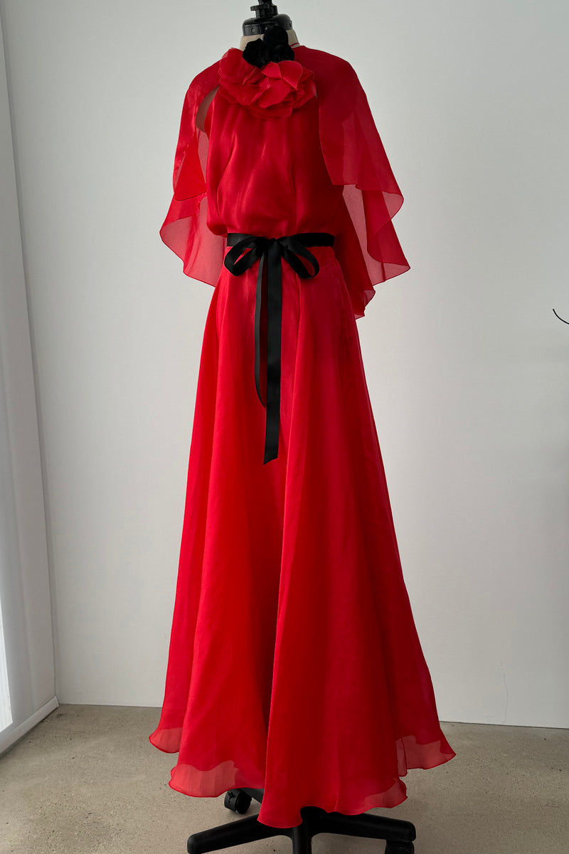 1979 Givenchy Red Organza Caped Dress
