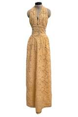 1970s Lanvin by Jules-Francois Crahay Couture Deep Yellow Lace Halter Dress w Wide Band at the Waist