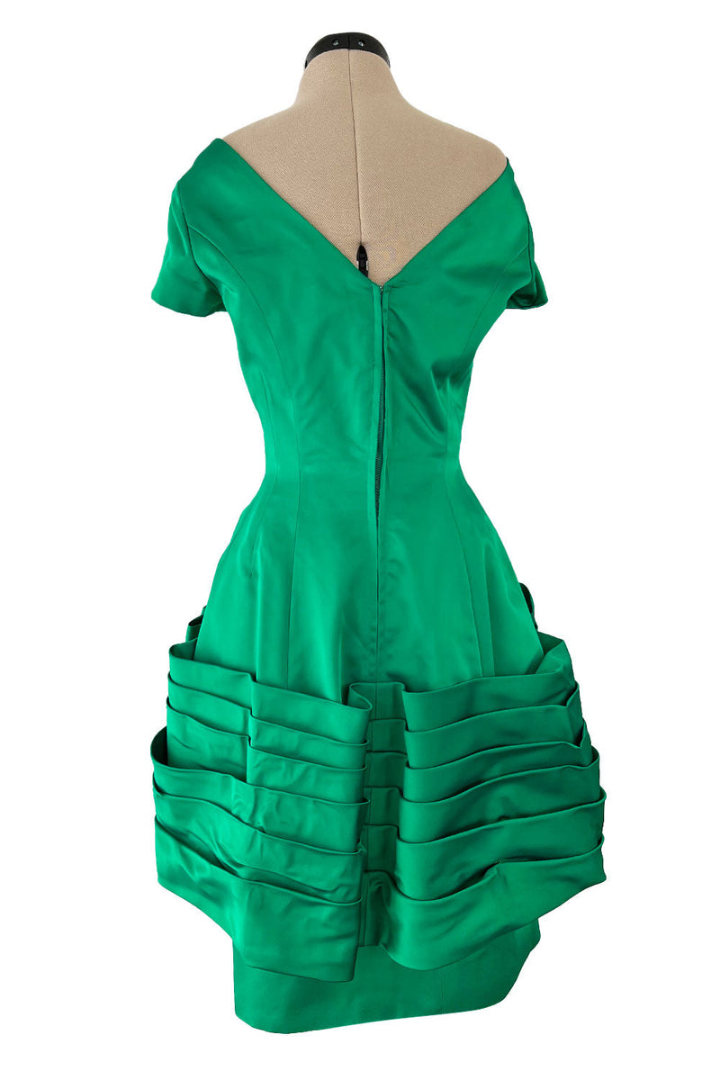 Unusual 1950s Symphony Fashions Brilliant Green Hourglass Dress w Unusual Pleated Skirt