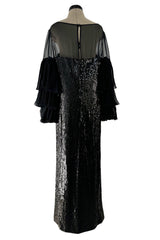 Beautiful 1980s Louis Feraud Glossy Black Sequin Silk Chiffon Dress w Tiered & Ruffled Sleeves