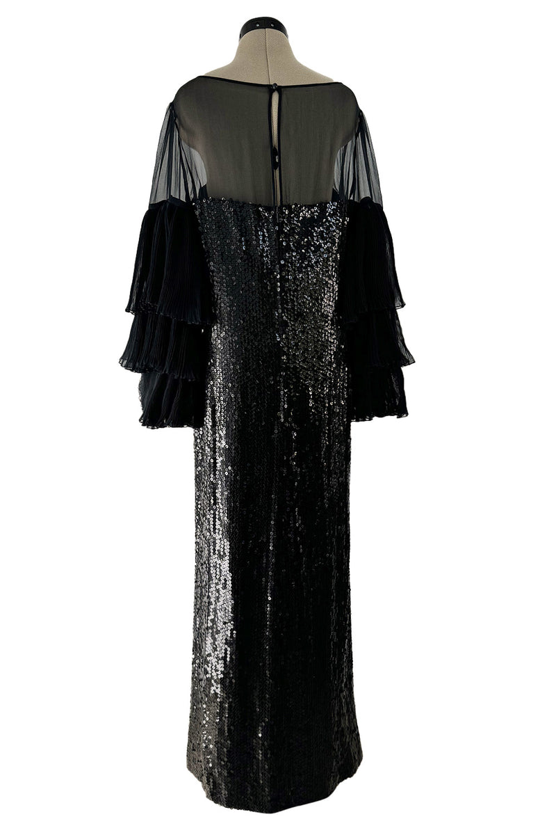 black silk chiffon dress Beautiful 1980s Louis Feraud Glossy Sequin w Tiered & Ruffled Sleeves Side pockets Wedding Simple Burgundy Dress SN:WCT3668-1 Fabric:Crepe & Cotton