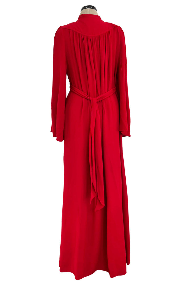 Amazing 1970 Ossie Clark 'Graduation' Deep Front Plunge Maxi Dress in a Red Moss Crepe