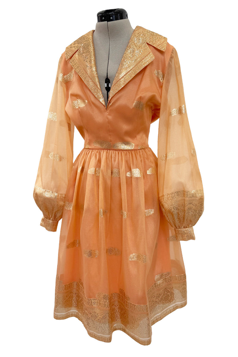 Prettiest 1960s Oscar De La Renta Peach Iridescent Silk Organza Dress w Gold Thread Detailing