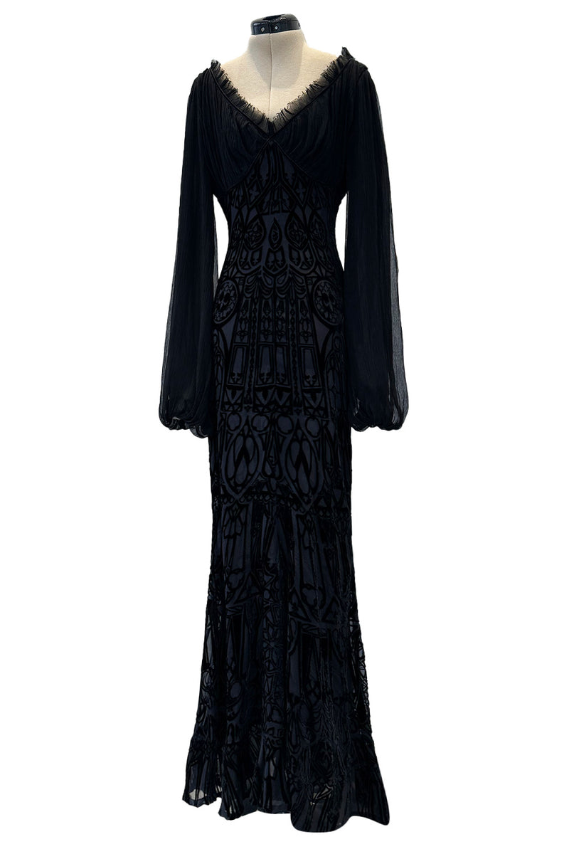 Beautiful Spring 2004 Alexander McQueen Cut Device Silk Velvet Dress w Silk Chiffon Balloon Sleeves