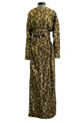 Fall 1979 Halston Runway Olive Brown & Deep Metallic Gold Leopard Print Bias Cut Dress w Belt