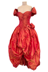1989 Loris Azzaro Irridescent Coral Silk Taffeta Dress w Rosette Floral Detail