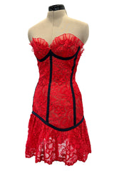 Amazing Spring 1992 Yves Saint Laurent Runway Red Lace Strapless Dress w Grosgrain Detailing