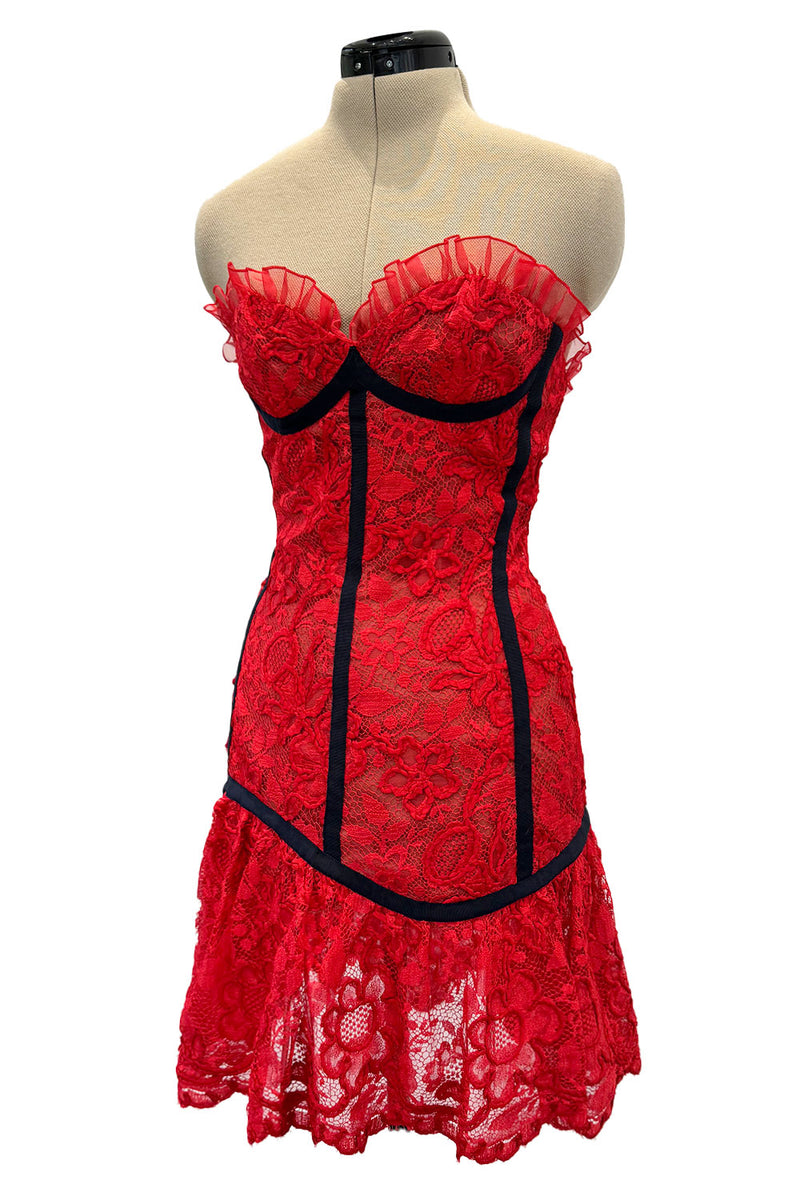 Amazing Spring 1992 Yves Saint Laurent Runway Red Lace Strapless Dress w Grosgrain Detailing