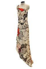 Gorgeous Early 2000s Valentino Roma Bias Cut Floral Print Dress w Bright Pops of Coral Red