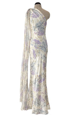 Gorgeous Fall 2003 Ungaro by Giambattista Valli One Shoulder Printed Silk Chiffon Dress w Trailing Panel