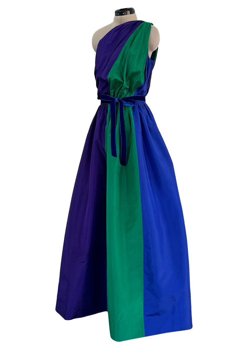 Spectacular 1970s Givenchy One Shoulder Silk Dress w Brilliant Blue, D Shrimpton Couture Spectacular 1970s Givenchy One Shoulder Silk Dress w Brilliant Blue, D Shrimpton Couture