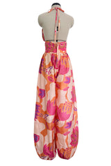 Spring 1981 Bill Tice Deco Pattern Printed Tissue Silk Backless Jumpsuit w Balloon Pouf Legs