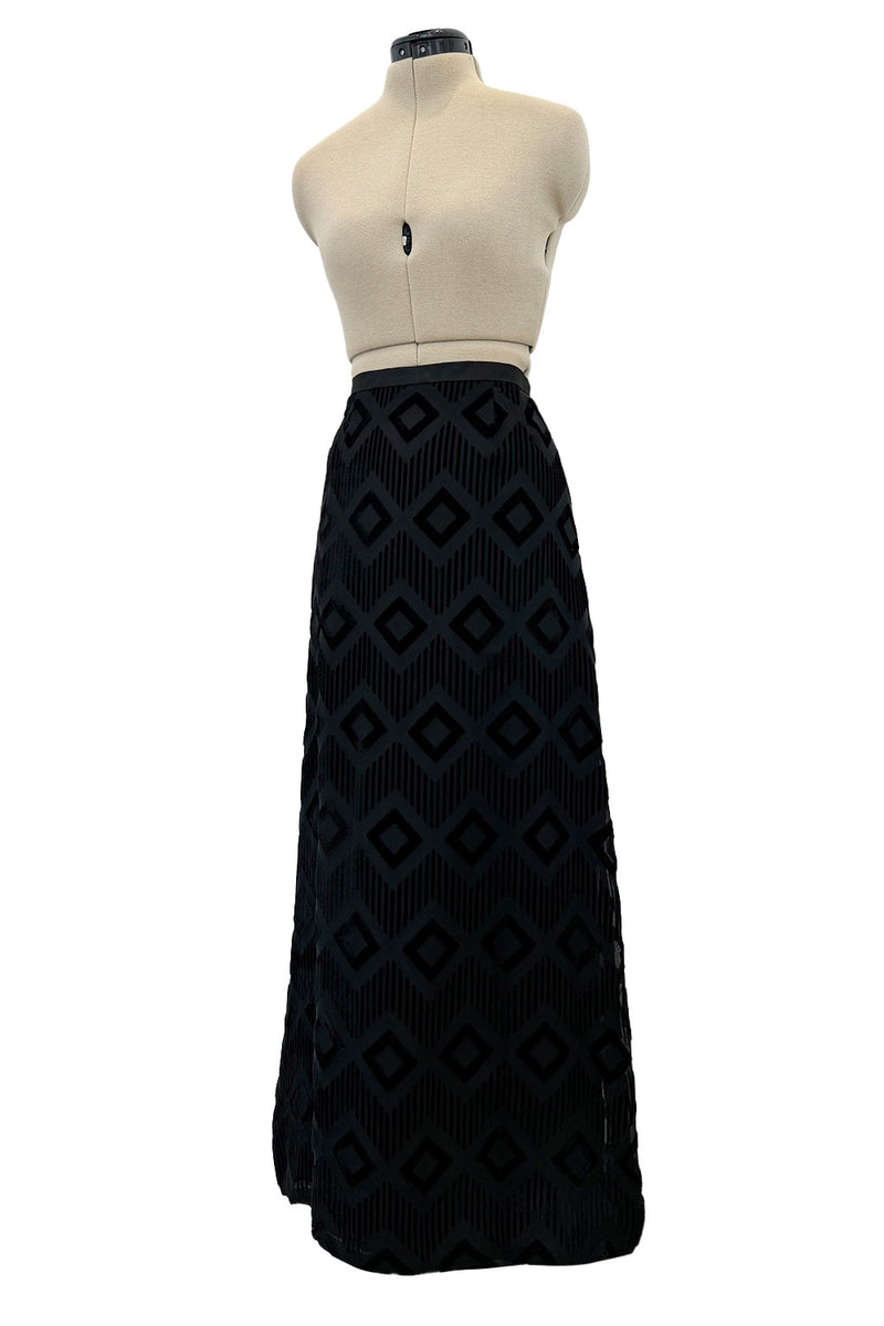 Prettiest 1960s Pierre Balmain Full Length Fused Velvet in Black Silk Geometric Pattern Skirt