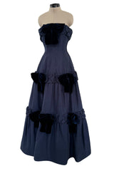 Incredible 1980s Hubert de Givenchy Haute Couture Strapless Blue Matte Silk Dress w Velvet Bow Detailing