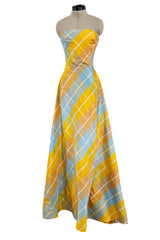 Beautiful Late 1980s Pierre Balmain Pastel Blue & Yellow Feather Light Strapless Silk Dress w Full Skirt
