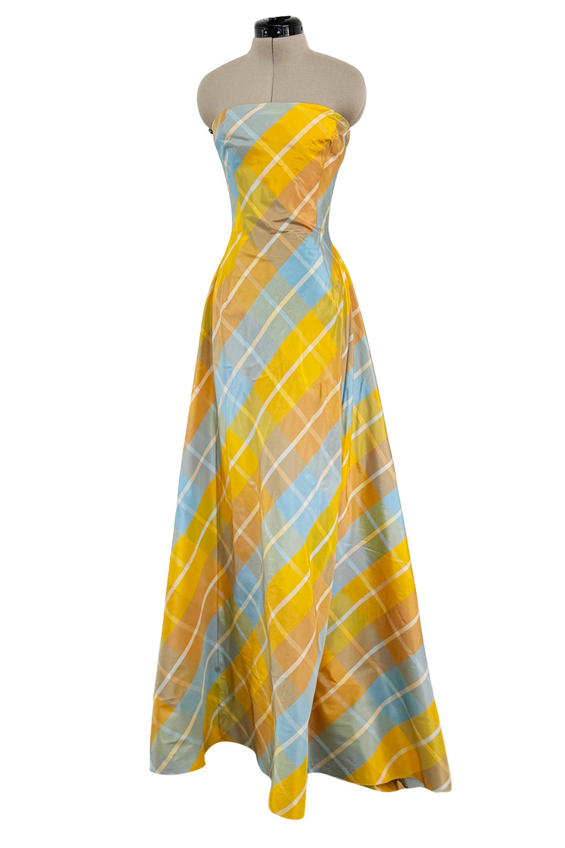Beautiful Late 1980s Pierre Balmain Pastel Blue & Yellow Feather Light Strapless Silk Dress w Full Skirt