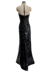 Fantastic 1980s Bob Mackie Strapless Glossy Black Sequin Stretch Dress w Back Kick Skirt