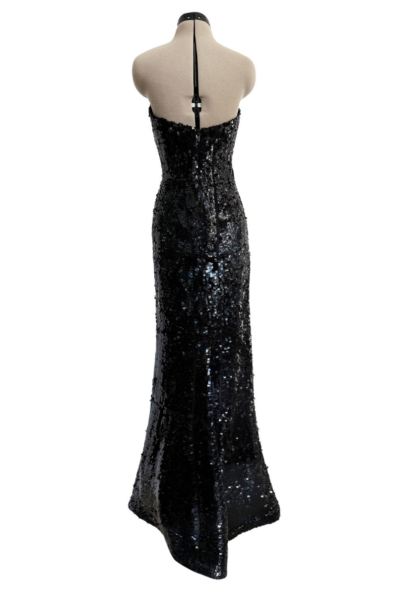 Fantastic 1980s Bob Mackie Strapless Glossy Black Sequin Stretch Dress w Back Kick Skirt