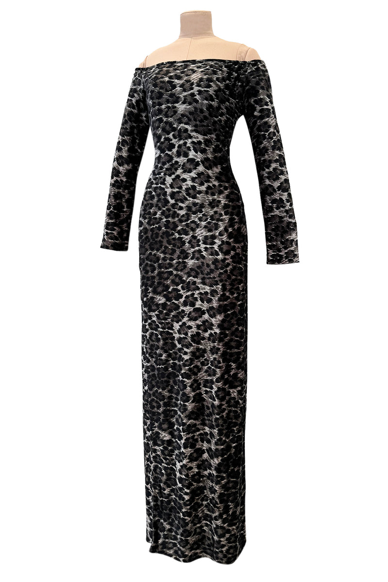 Iconic Fall 1989 Patrick Kelly Off Shoulder Silver Leopard Print Dress in a Soft Stretch Velour