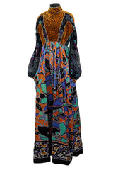 Spectacular 1970s Ronald Amey Demi-Couture Printed Silk, Silk Chiffon & Cut Velvet Dress